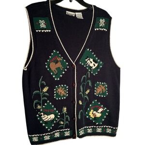 Capacity Woman Vintage Farm Animal Knit Sweater Vest Navy Blue 1X Hors Cow Sheep